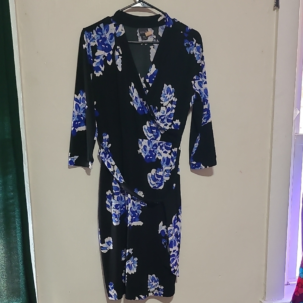 Elegant Black and Blue Floral Wrap Dress